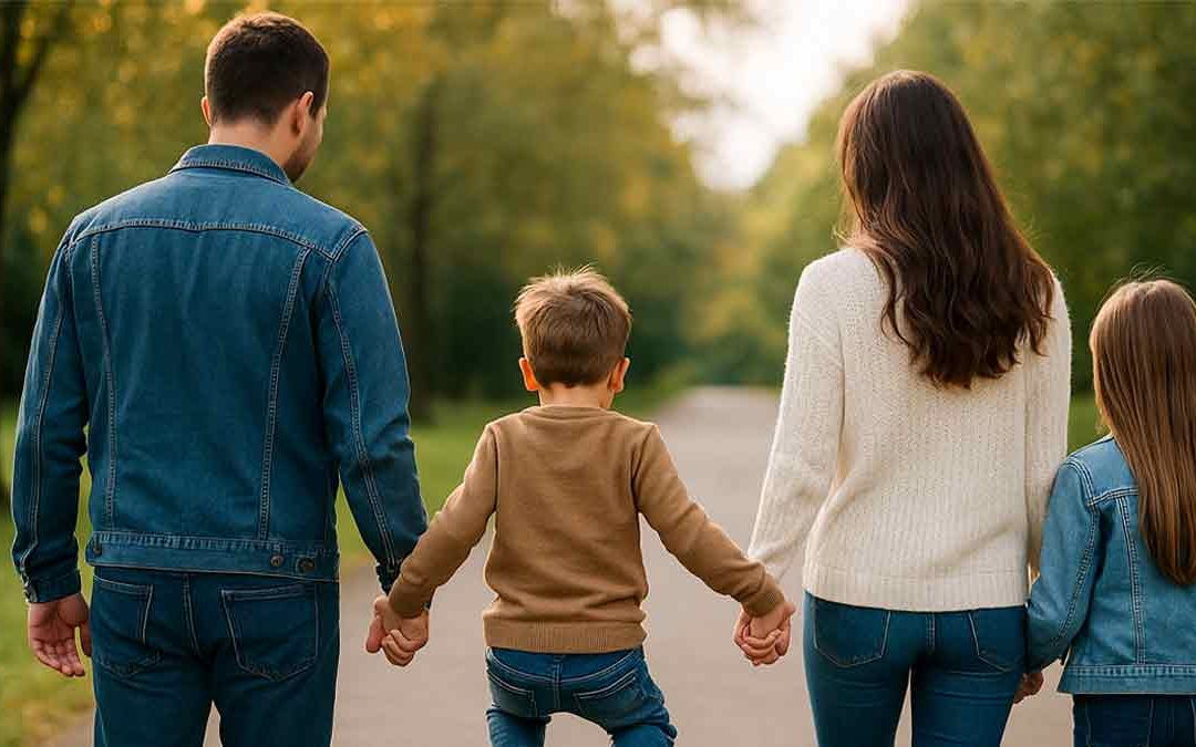 Eine glückliche Familie geht spazieren, als Symbolbild dafür, dass sie den Sprung vom Wohnen zur Miete zum Eigenheim geschafft hat | Kaufen statt Mieten