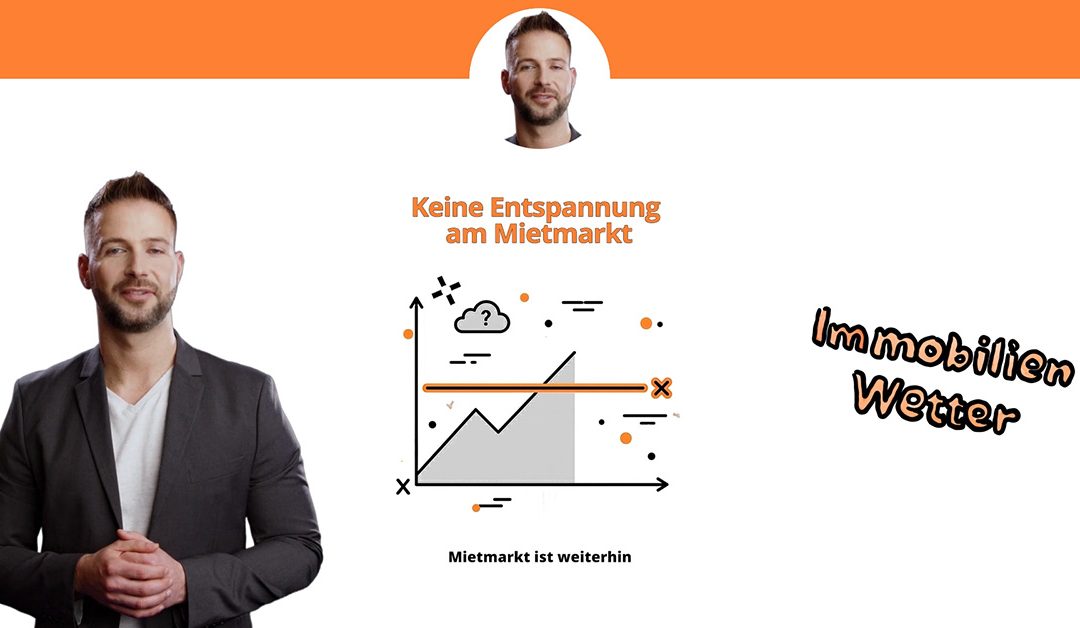 Standbild aus dem Video: Grafische Darstellung mit stilisierter Stadtsilhouette und Wohnhäusern unter einem wechselhaften Himmel, darüber eingeblendeter Titel „Immobilien-Wetter“. Immobilienmarkt