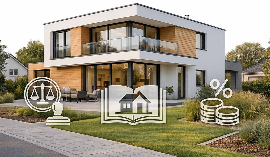 Modernes Einfamilienhaus in einer Wohnsiedlung, davor halbtransparente Icons für Notar und Recht, Grundbuch sowie Steuern und Gebühren – symbolische Darstellung der Kaufnebenkosten beim Immobilienkauf. | Immobilienkauf Nebenkosten