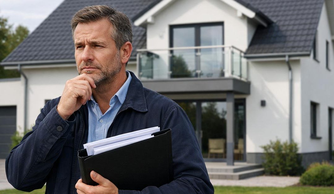 Ein Immobilienerbe steht vor der Immobilie, die er geerbt hat, unter dem linken Arm hält er die Hypothekenunterlagen, er überlegt, was jetzt die beste Lösung für sein Immobilienerbe ist | Erbimmobilie