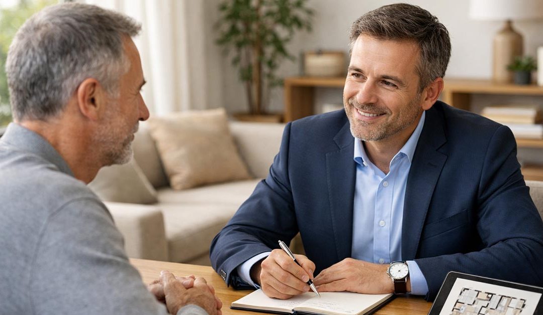 Fotorealistische Beratungsszene in einem modernen, hellen Büro oder Wohnraum. Ein professioneller Immobilienmakler sitzt einem privaten Immobilieneigentümer gegenüber. Beide wirken ruhig, vertrauensvoll und im Gespräch vertieft. Auf dem Tisch liegen ein hochwertiges Immobilien-Exposé, ein Tablet mit Grundrissdarstellung und Notizen. Natürliches Tageslicht, warme Farben, aufgeräumte Umgebung. Realistischer Stil, hohe Bildqualität, dezente Tiefenschärfe. | Makleralleinauftrag
