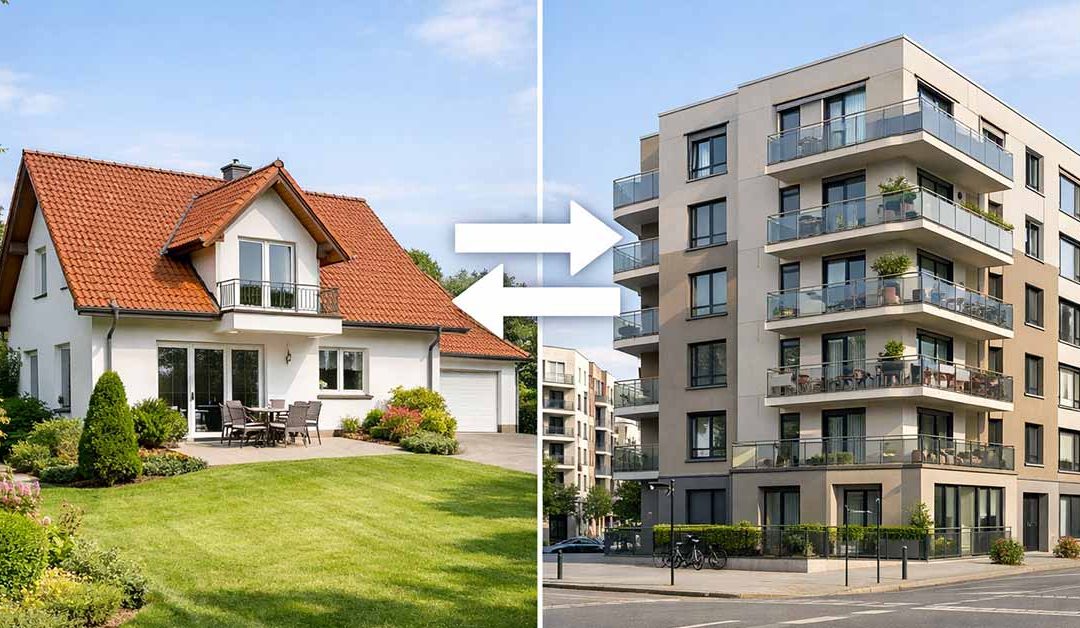 Zwei unterschiedliche Wohnhäuser stehen sich gegenüber: links ein gepflegtes 90er Jahre Einfamilienhaus im Grünen, rechts ein Mehrfamilienhaus in urbaner Umgebung in Deutschland. Zwischen den Häusern dezente, elegante Pfeile, die einen Tausch symbolisieren. Klare, helle Farbgebung, seriöser und hochwertiger Look, realistische Fotografie, weiches Tageslicht, aufgeräumte Komposition, professionelle Immobilien-Ästhetik | Immobilientausch