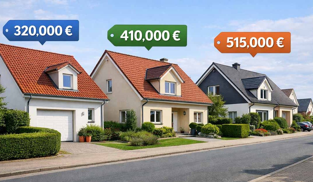 Eine europäische Vorstadtstraße mit mehreren ähnlichen Einfamilienhäusern in einer Reihe, über jedem Haus schwebt ein unterschiedliches Preisschild (320000 €, 410000 €, 515000 €), saubere moderne Nachbarschaft. Vergleichswertverfahren