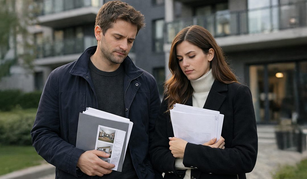 Ein Paar steht nach einer Wohnungsbesichtigung vor einem modernen Mehrfamilienhaus. In der Hand halten sie Unterlagen, ihre Mimik wirkt nachdenklich und leicht enttäuscht – als hätten sie gerade eine Chance verpasst. Finanzierungsbestätigung