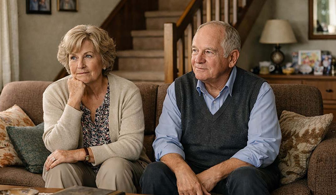 Ein älteres Ehepaar um die 65–75 Jahre sitzt nebeneinander in ihrem Wohnzimmer eines klassischen Einfamilienhauses aus den 1970er oder 1980er Jahren. Beide wirken ruhig, nachdenklich und leicht unsicher. Ihre Körperhaltung zeigt inneres Abwägen. Der Raum strahlt Geschichte und gelebtes Leben aus: Familienfotos an der Wand, alte Bilderrahmen, ein Regal mit Fotoalben. Im Hintergrund sichtbar: eine Holztreppe, die ins Obergeschoss führt. Die Treppe wirkt steil. Sie symbolisiert die kommende Herausforderung. Barrierefreier Umbau