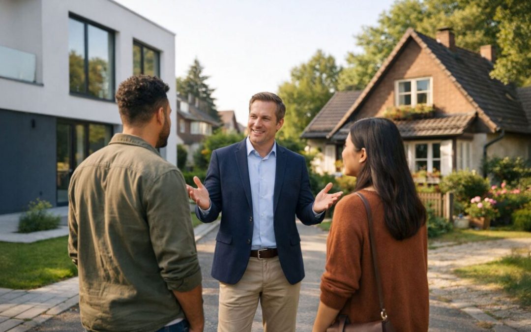 Junges diverses Paar steht mit einem Immobilienmakler zwischen zwei Häusern und entscheidet sich. Links ein modernes Neubauhaus mit großen Fenstern, rechts ein charmantes älteres Einfamilienhaus mit Garten. Neubau oder Bestand