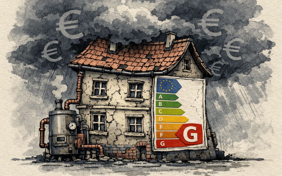 Illustration eines alten europäischen Hauses unter Druck: Rissige Fassade, alte Fenster und leicht verzerrte Form vermitteln Belastung. Dunkle Sturmwolken verstärken die dramatische Stimmung. Ein rotes Energieeffizienz-Label (Klasse G) sowie sichtbare alte Heizungsrohre und dezente Euro-Symbole im Hintergrund stehen für steigende Kosten und Sanierungsbedarf. Sanierungspflicht für alte Gebäude