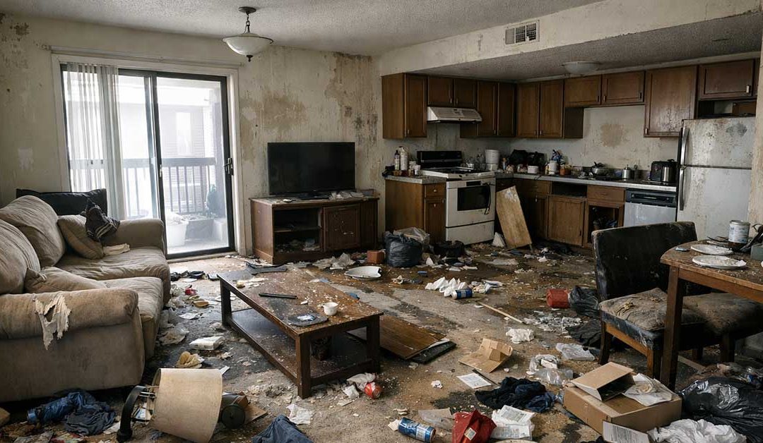 Verwahrloste Mietwohnung mit verstreutem Müll, beschädigten Möbeln und verschmutzter Küche als Sinnbild für Risiken wie Mietnomaden und andere. | Immobilienvermietung