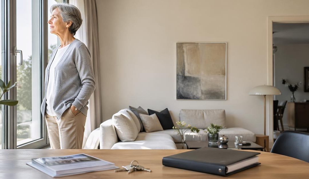 Ältere Frau steht an einem großen Fenster in einem hellen Wohnzimmer; auf dem Tisch im Vordergrund liegen Immobilienunterlagen, ein Schlüsselbund und ein Ordner - als Symbolbild für einen Immobilienverkauf mit eingetragenem Wohnrecht | Immobilienverkauf