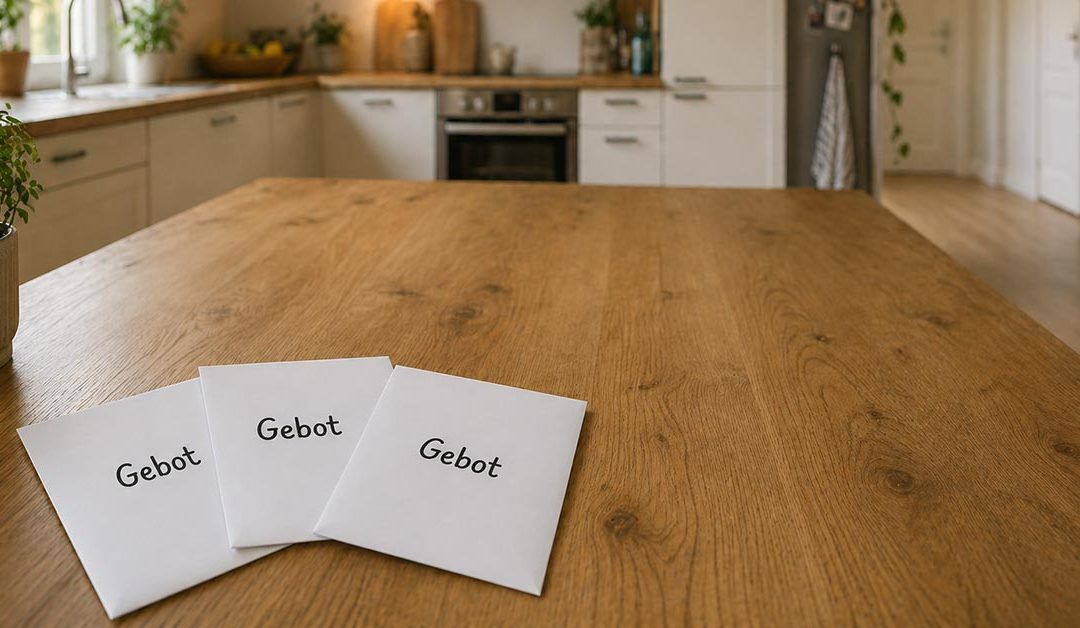 Drei Umschläge mit der Aufschrift ‚Gebot‘ auf einem Holztisch in moderner Küche, symbolisieren das Bieterverfahren beim Immobilienkauf. | Bieterverfahren