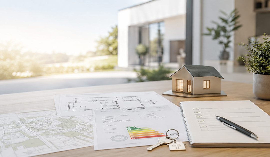 Dokumente, Grundrisse, Energieausweis, Schlüssel und Hausmodell auf einem Tisch als Symbol für wichtige Unterlagen beim Immobilienverkauf. - Verkaufsunterlagen