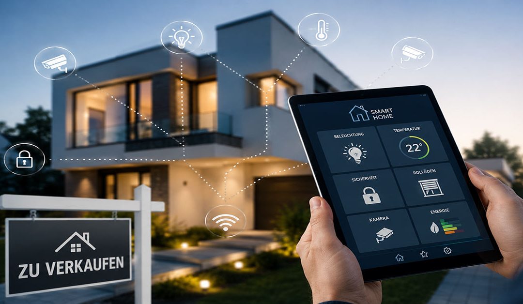 Eine Person steuert Smart-Home-Funktionen per Tablet vor einem modernen Haus mit Verkaufsschild und vernetzten Symbolen für Sicherheit, Energie und Beleuchtung. I Smart Home