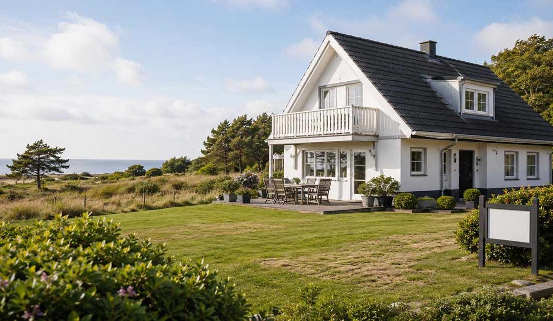 Ein weißes Ferienhaus mit Terrasse und großem Garten liegt in Küstennähe und steht sinnbildlich für den Verkauf einer nicht mehr passenden Ferienimmobilie. I Ferienimmobilie verkaufen