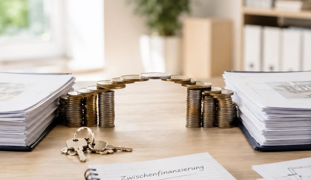 Münzstapel in Form eines Hauses zwischen Immobilienunterlagen und Schlüsseln symbolisieren eine Zwischenfinanzierung beim Immobilienkauf. I Zwischenfinanzierung