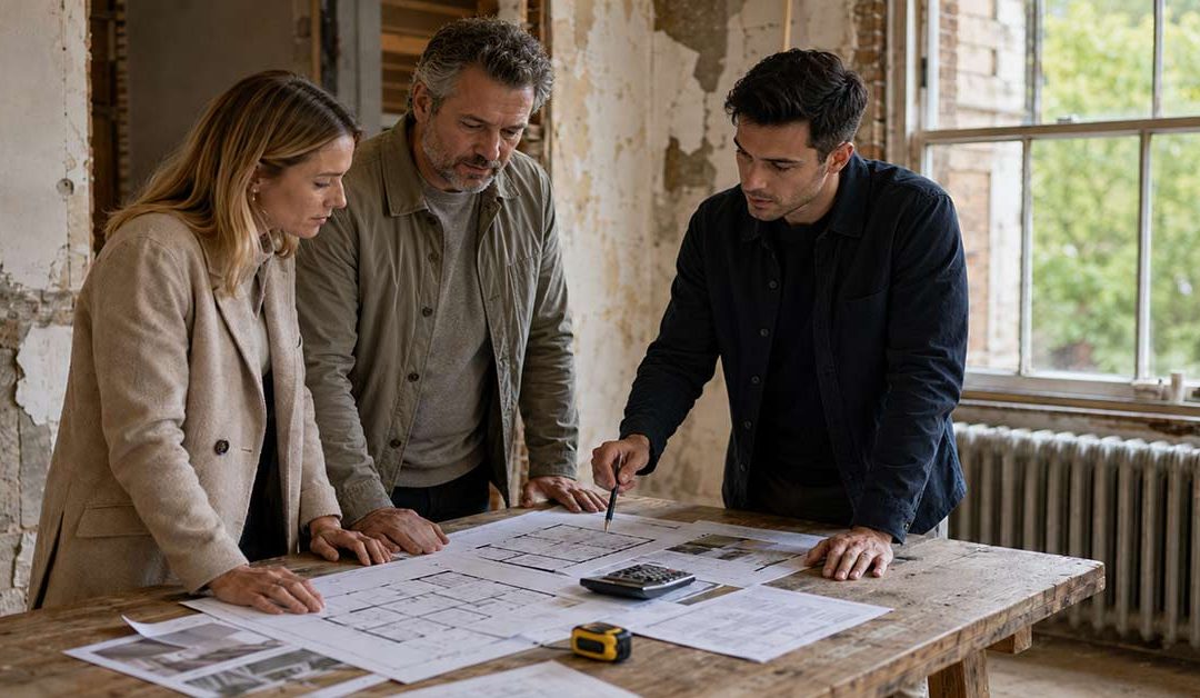 Makler bespricht mit Kaufinteressenten Grundrisse und Renovierungskosten in einer sanierungsbedürftigen Immobilie. I Renovierungskosten einschätzen