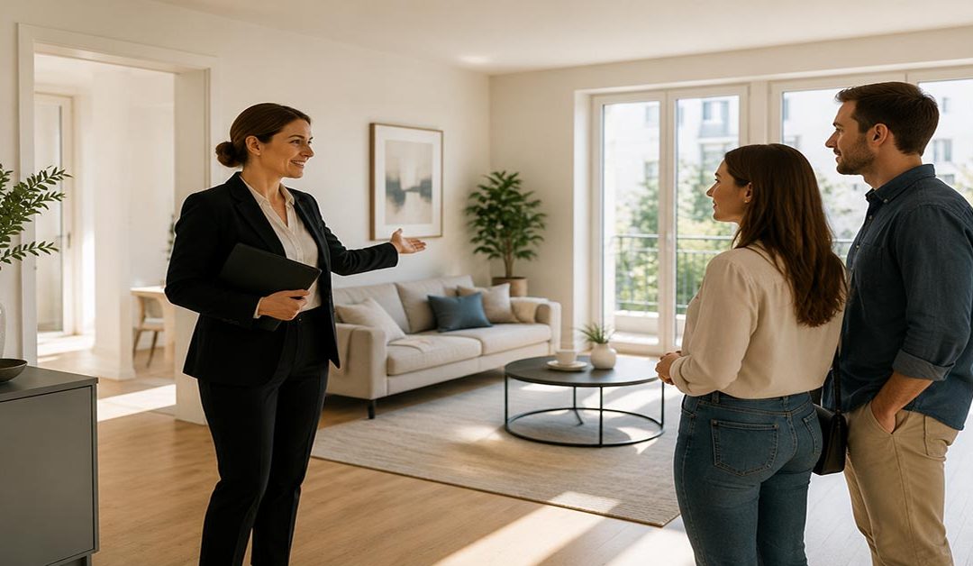 Besichtigungsmanagement bei einer Immobilie: Eine Immobilienmaklerin führt ein Paar durch eine moderne Wohnung und berät die Interessenten während der Besichtigung. I Besichtigungsmanagement