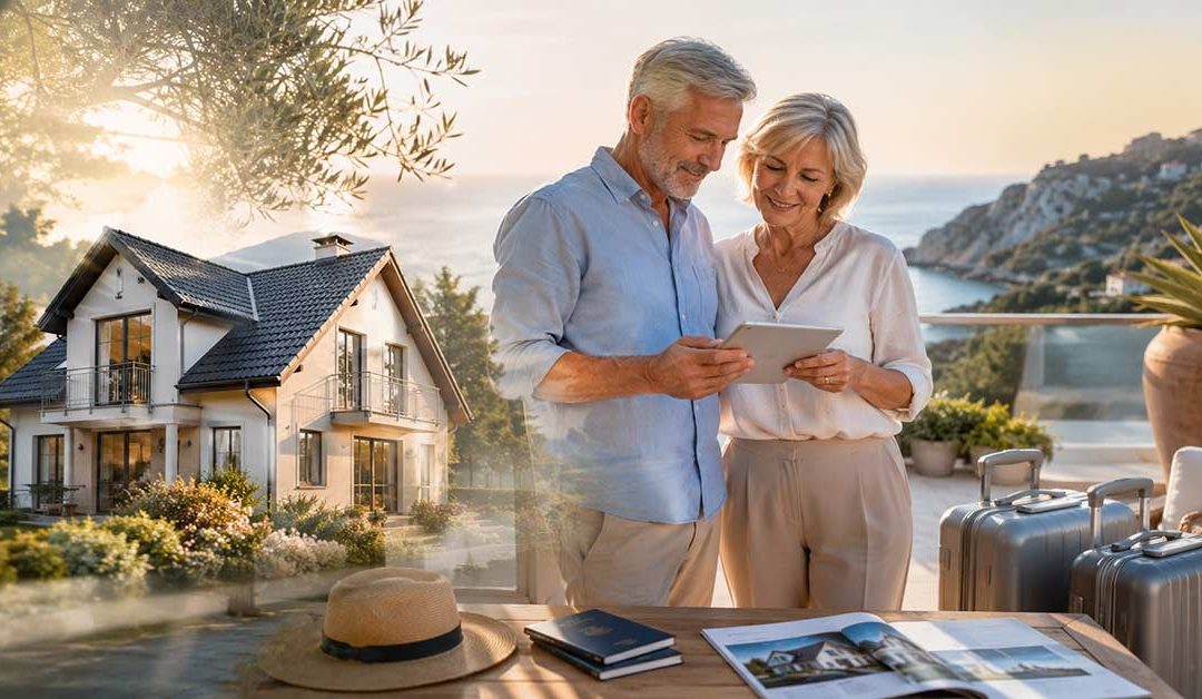 Älteres Ehepaar plant den Lebensabend im Ausland und informiert sich mit Immobilienunterlagen über ein neues Zuhause in sonniger Lage am Meer. I Lebensabend im Ausland