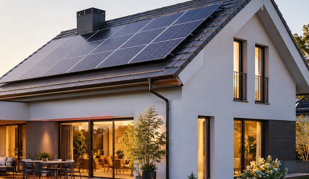 Modernes Einfamilienhaus mit Solaranlage auf dem Dach, als Beispiel für den Umgang mit Photovoltaik beim Hausverkauf. I Solaranlage