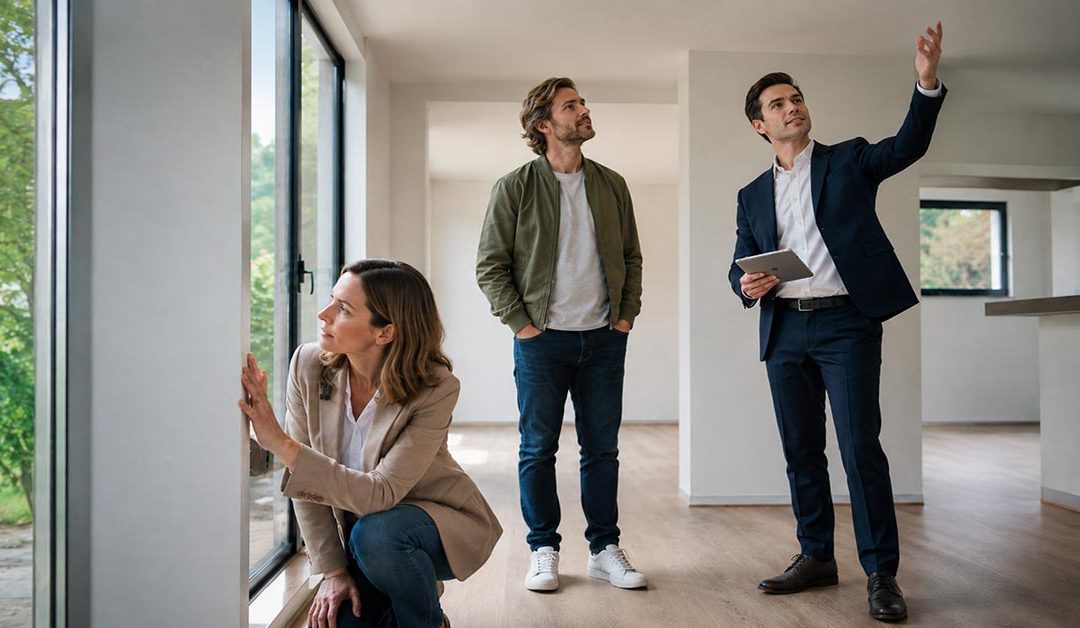 Ein Paar besichtigt gemeinsam mit einem Immobilienmakler ein helles, modernes Haus. Während die Frau die Fenster prüft, betrachtet der Mann den Raum und der Makler erläutert Details zur Immobilie.