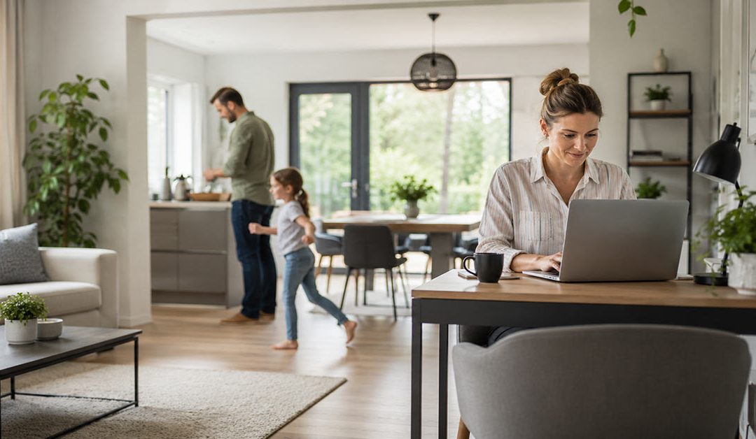 Familie in einem modernen Zuhause, während eine Frau am Laptop im Homeoffice arbeitet – Symbolbild zum Thema Homeoffice-Boom und veränderte Wohnbedürfnisse.