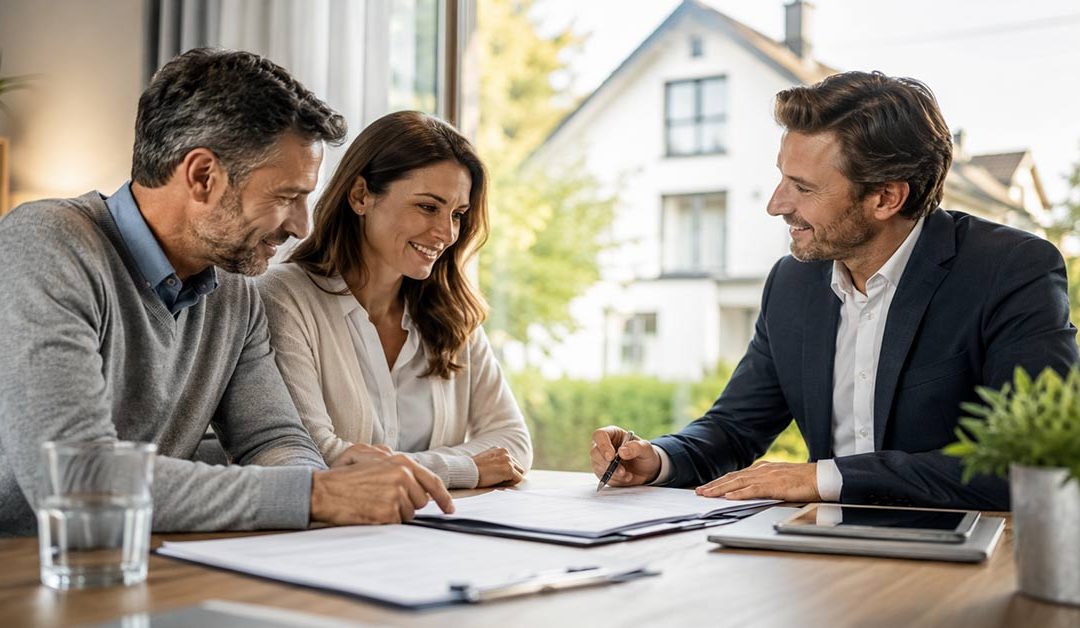 Beratungsgespräch zur Versicherung beim Hauskauf mit einem Paar und einem Immobilienexperte.