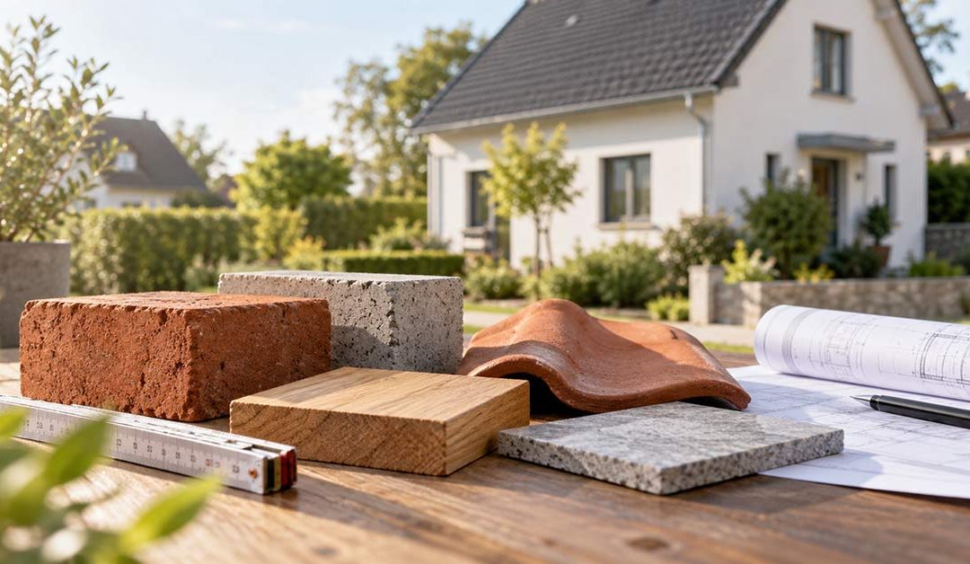 Baumaterialien, Bauplan, Zollstock und Stift liegen auf einem Tisch vor einem Einfamilienhaus und veranschaulichen das Sachwertverfahren zur Immobilienbewertung.