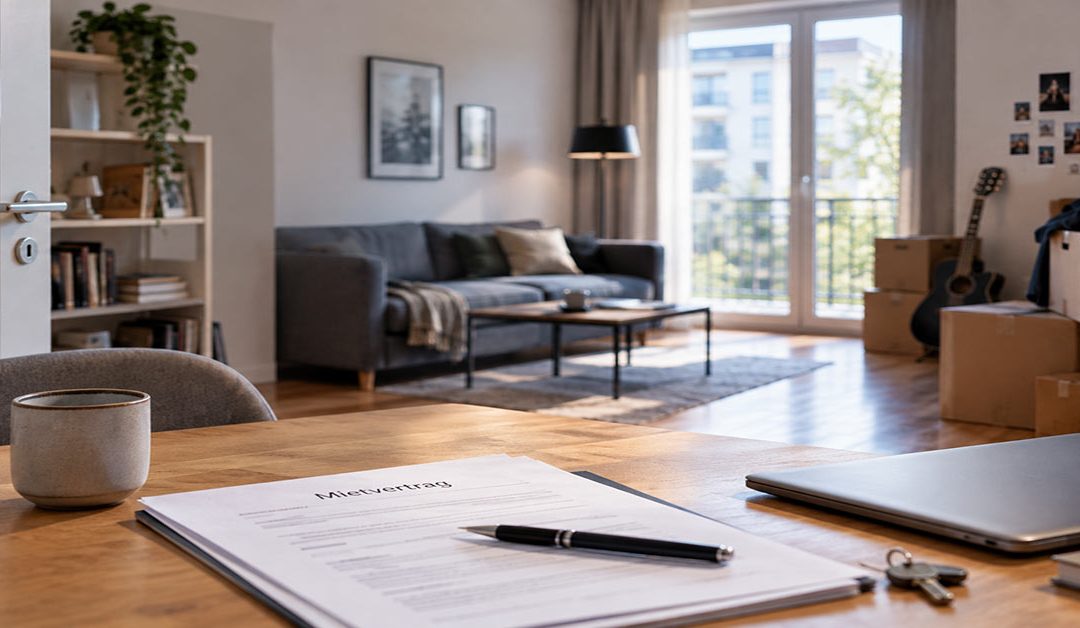 Mietvertrag, Schlüssel und Laptop liegen auf einem Tisch in einer Wohnung; im Hintergrund stehen Umzugskartons als Hinweis auf eine Eigenbedarfskündigung.