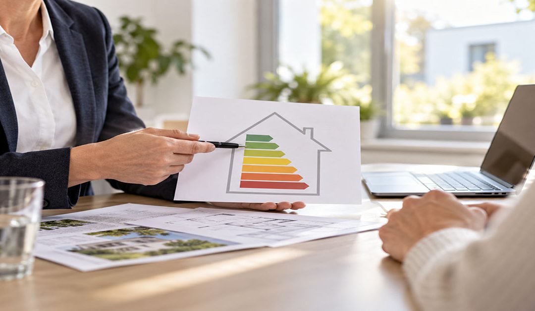 Beraterin zeigt anhand einer Energieeffizienzskala die energetische Bewertung eines Hauses und erläutert den Bedarfsausweis beim Immobilienverkauf.