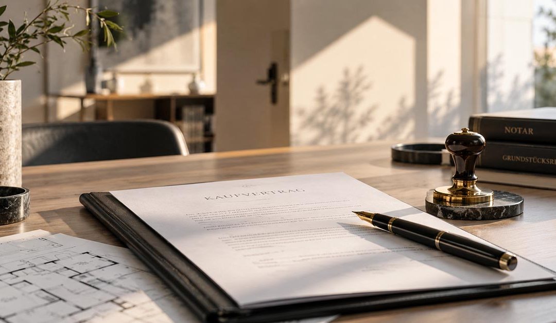 Kaufvertrag für eine Immobilie mit Füllfederhalter und Notarstempel auf einem Schreibtisch – Vorbereitung auf den Notartermin beim Immobilienkauf. | Immobilienkauf
