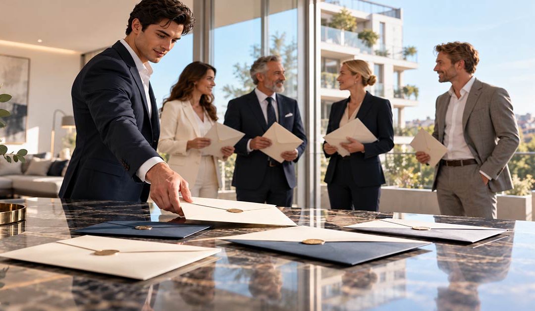 Fünf Leute in einem modernen Immobilienbüro mit verschlossenen Angebotsumschlägen auf einem Tisch – Bieterverfahren beim Immobilienverkauf.